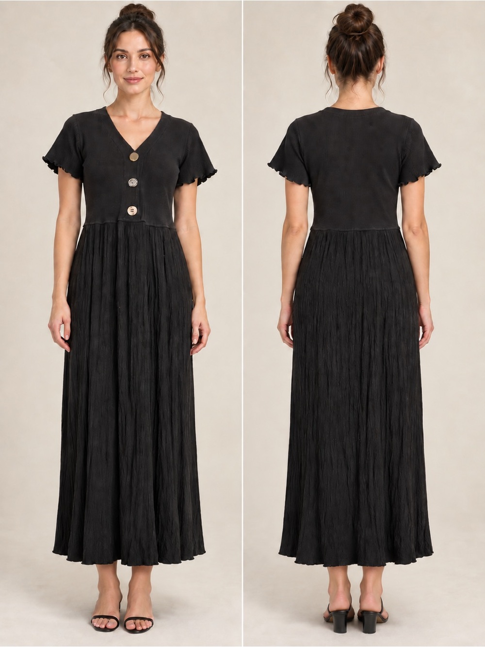 Barbara Lesser Black Mixed Media Maxi Dress M Pockets Made in USA
